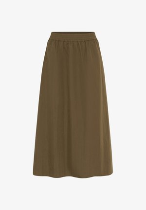 Ruskea midihame kuminauhavyötäröllä ja yksinkertaisella, laskeutuvalla designilla valkoisella taustalla.