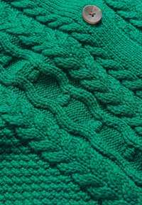 Grön stickad tröja med detaljerade flätmönster och en slät yta, med en rund, brun knapp nära halsringningen.