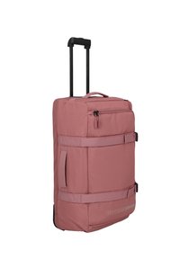 Zaino con ruote color rosa, dotato di maniglia superiore, scomparti con cerniera multipli e spallacci regolabili. Realizzato in tessuto robusto con finitura testurizzata.