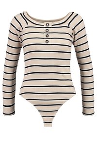 Pitkähihaisessa beige raitoitetussa bodysuitissa on mustavalkeat raidat, pyöreä pääntie ja neljän napin sulkeminen rinnassa.