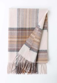 Sciarpa a scialle in plaid realizzata in tessuto morbido, con tonalità beige, marrone e grigio. Rifinita con orli sfrangiati per aggiungere texture e dettaglio.