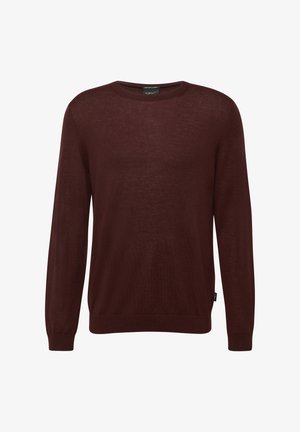 Herren Langarmpullover mit Rundhalsausschnitt in einheitlichem Dunkelbraun, leichtem Strickmaterial und gerippten Bündchen und Saum.