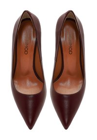 Chaussures à talons hauts en cuir bordeaux avec un design à bout pointu, texture lisse et embellissements minimaux, dotées d'un style facile à enfiler.