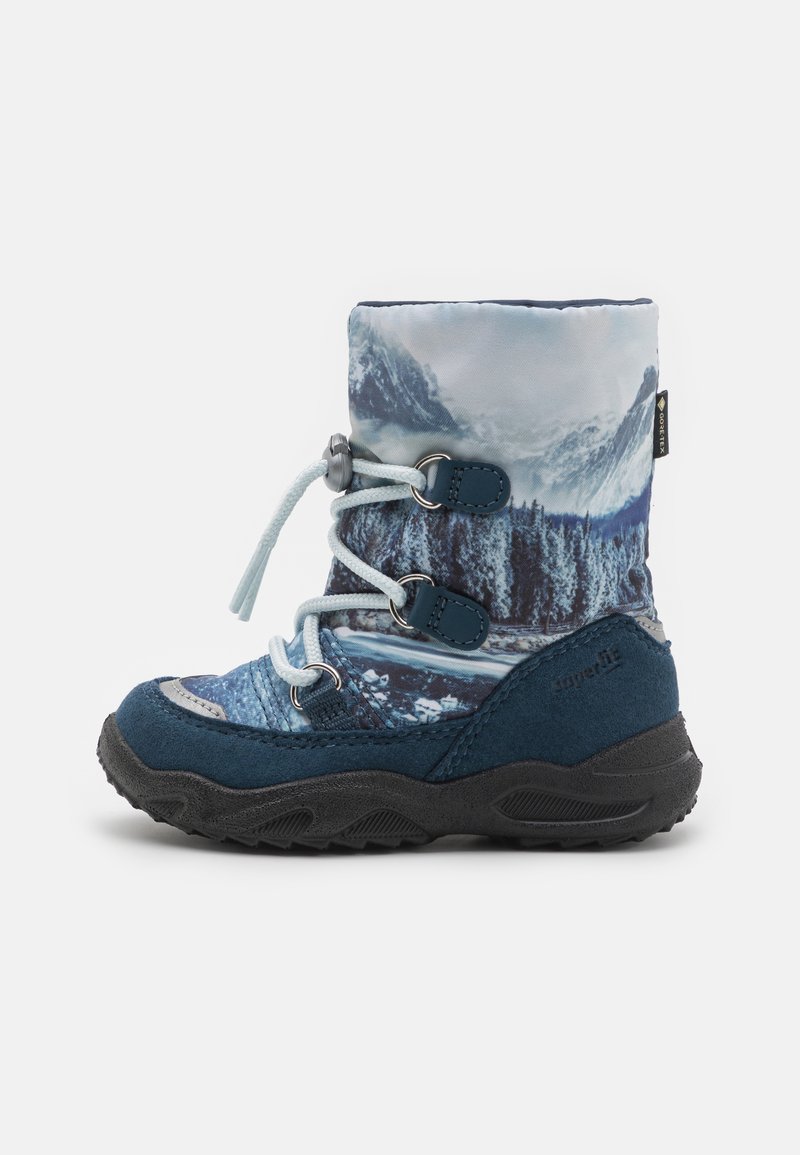 Blaue Winterstiefel mit einem Schneeberg-Muster, gepolstertem Schaft und strukturiertem Gummisohle. Verfügt über verstellbare Schnürsenkel und Metallösen.