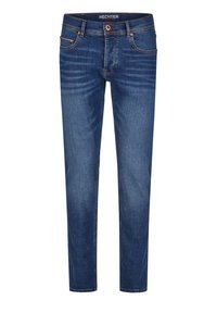 Blue denim jeans with a straight-leg fit, five pockets, and a button closure. Features subtle fading and contrast stitching.