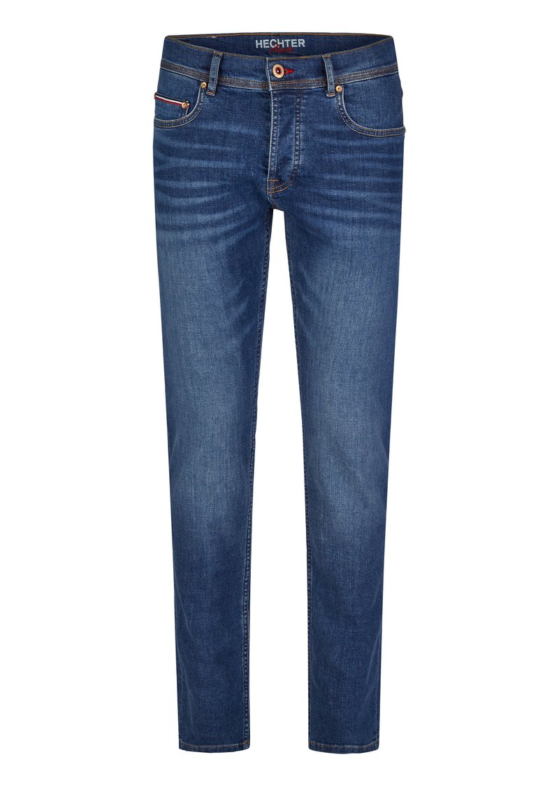 Blue denim jeans with a straight-leg fit, five pockets, and a button closure. Features subtle fading and contrast stitching.