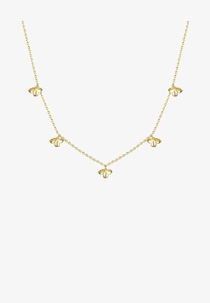 Gul halskæde med fem jævnt fordelte bi-charms på en delikat kæde. Bierne har et enkelt design med åbne vinger.