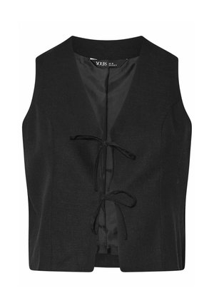 Black sleeveless vest with a V-neck design, woven texture, and a front tie closure. Simple, unembellished style without additional patterns.