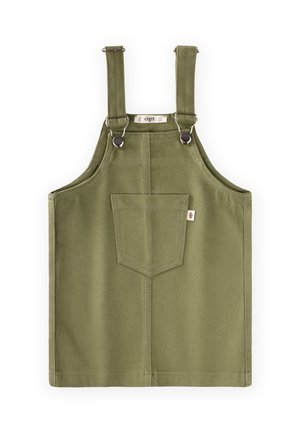 Olijfgroene overalljurk in peutermaat met verstelbare schouderbandjes, metalen gespen en een borstzak aan de voorkant.