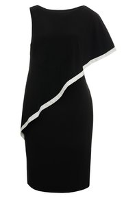 Czarna sukienka o asymetrycznym kroju, z jednym rękawem i białym ukośnym paskiem wzdłuż dołu. Miękka tkanina o gładkiej fakturze.