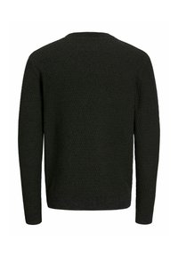 Maglione nero a maniche lunghe in maglia con motivo in rilievo, scollo rotondo e orlo dritto, mostrato da dietro.