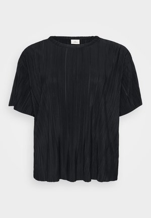 Black, short-sleeved top featuring a soft pleated texture and a round neckline, displayed against a white background.