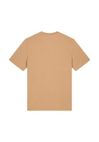 Korte mouwen t-shirt in een effen beige kleur, met een ronde hals en zachte, gladde katoenstoffen. Geen zichtbare patronen of graphics.