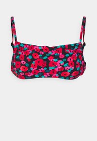 Top de bikini floral com fundo preto e padrões de flores vermelhas e verdes-água. Alças ajustáveis e textura de tecido suave.