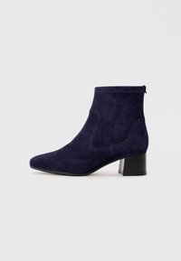 Navy blue suede ankle boot with a rounded toe and a sturdy block heel on a plain white background.