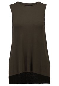 Olivengrøn ærmeløs top med ribstrikket tekstur, rund halsudskæring og forlænget bagkant, der har et mørkere sort panel nederst.