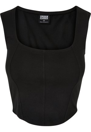 Musthave mustrõnga kaelusega must lühike top, valmistatud siledast ja elastsetest kangast. Omab figuuri järgi lõigatud disaini ja minimaalsete õmblustega.