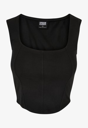 Schwarzes, kurzes Tanktop mit Rundhalsausschnitt, aus glattem, dehnbarem Stoff. Verfügt über ein enges Design und minimale Nähte.