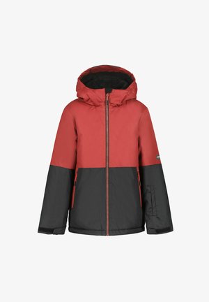 Rote und schwarze isolierte Jacke mit Kapuze, Reißverschluss vorne und Taschen. Verfügt über ein weiches Innenfutter und kontrastierende Farben.