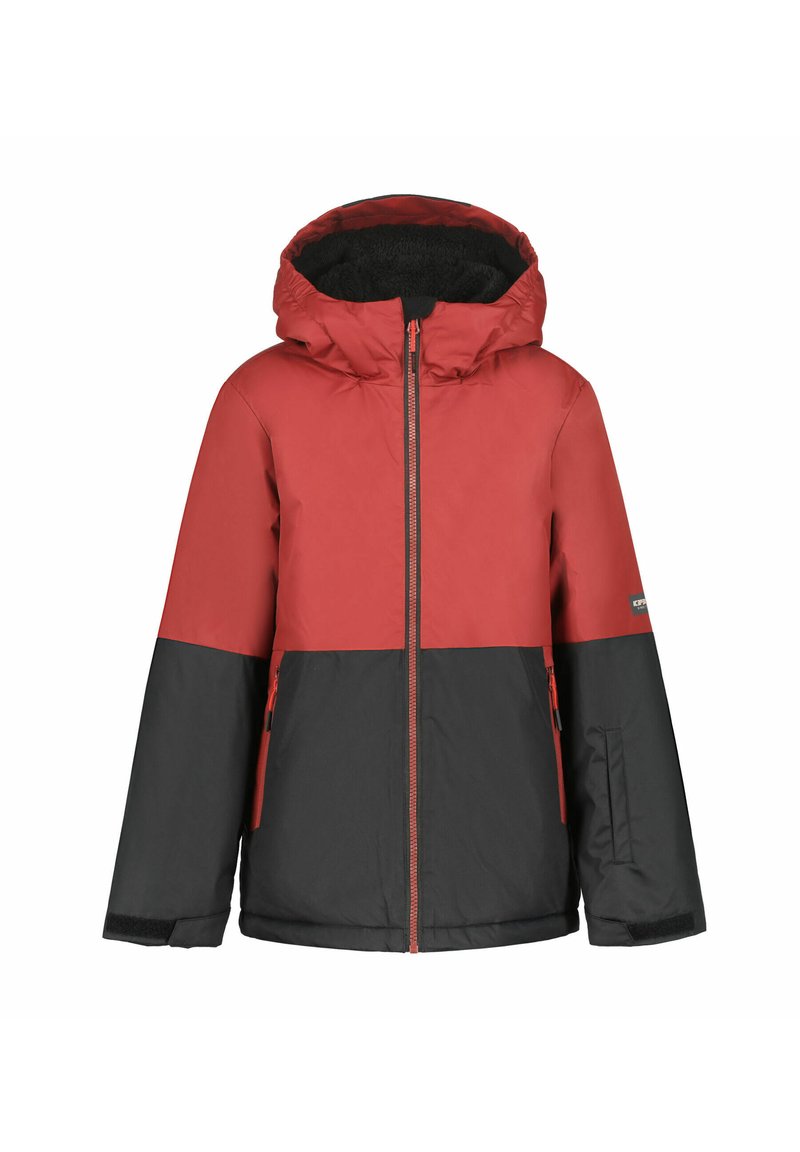 Rode en zwarte geïsoleerde jas met een capuchon, rits aan de voorkant en zakken. Dankzij de zachte binnenvoering en contrasterende kleuren is het een comfortabele keuze.