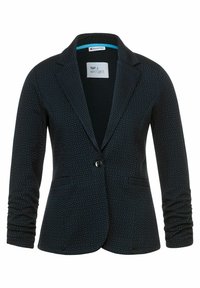 Tmavý vzorovaný blejzr s texturovanou tkaninou. Obsahuje jediné zapínání na knoflík, špičaté klopy a dlouhé rukávy.