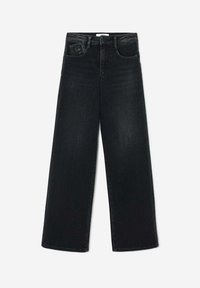 Jeans en denim à jambes larges en noir. Comprend un design traditionnel à cinq poches, une fermeture éclair et des détails de couture subtils. Texture lisse.