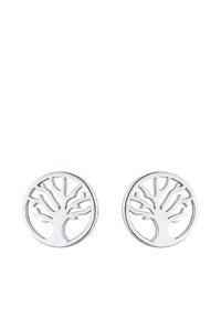 Orecchini circolari in argento con un design a forma di albero intagliato. Superficie liscia con finitura lucida, dettagli in 3D delle branche e delle radici dell'albero ben visibili.