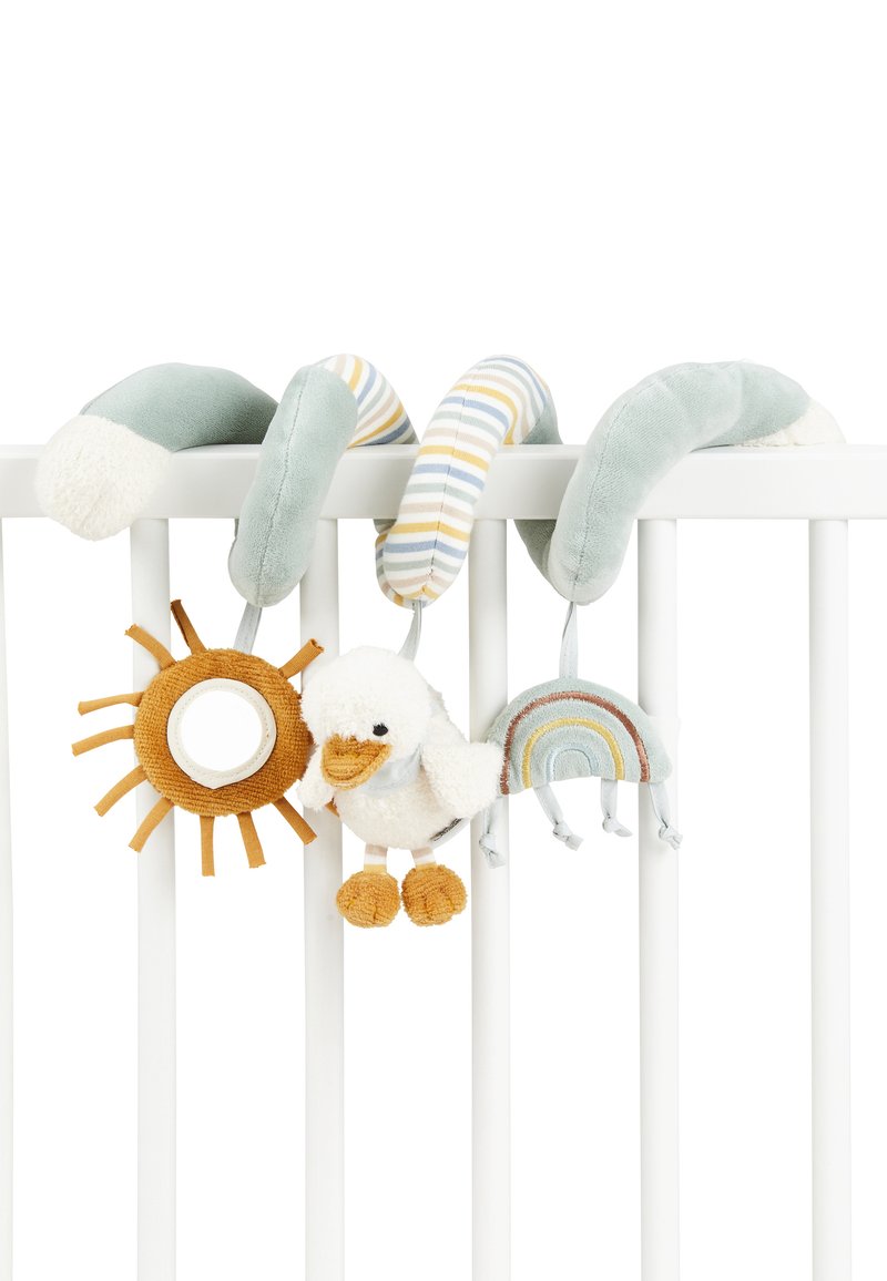 Der weiche Spielbogen für das Kinderbett zeichnet sich durch ein grünes, gebogenes Design aus, mit einem gestreiften Abschnitt sowie Anhängern in Form von Sonne, Ente und Regenbogen, die aus sanften Stoffen und Farben bestehen.