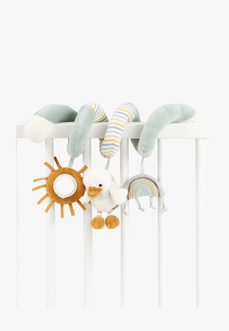 Plush crib toy arch features a green curved design, with a striped section, sun, duck, and rainbow attachments in soft fabrics and colors.