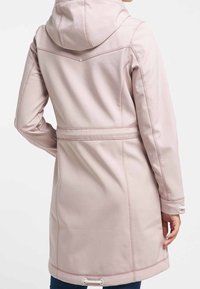 Light pink waterproof coat with a hood, adjustable waistband, and silver hardware accents. Features seam detailing and a mid-length design.