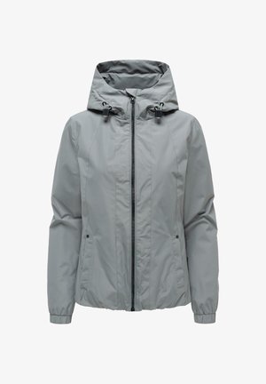 Lichtgrijs zip-up jack met capuchon, verstelbare trekkoorden, twee zijzakken en elastische manchetten aan lange mouwen.