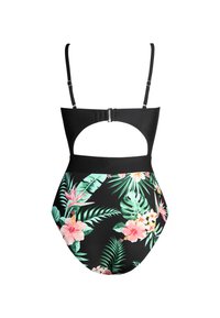 Bañador negro con un corte en la espalda, que presenta grandes patrones florales en rosa y verde. Tirantes ajustables con herrajes plateados.
