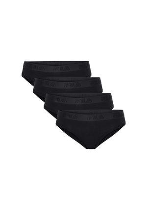 Vier zwarte Fila-branded slips gerangschikt in een verspringende rij op een effen witte achtergrond.