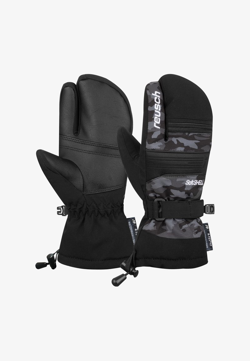 Zwarte en grijze camouflage geïsoleerde wanten met leren handpalmen, elastische manchetten en verstelbare banden voor een veilige pasvorm. Textuurstof ontwerp.