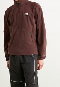 Pullover in pile marrone con collo a mezza zip, dotato di due tasche con zip e logo sul petto; tessuto testurizzato, vestibilità rilassata.