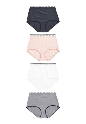 Hoog gedragen ondergoedset in vier kleuren: donkerblauw, lichtroze gestreept, wit en marinegestreept. Zachte stof met contrasterende patronen op de tailleband.