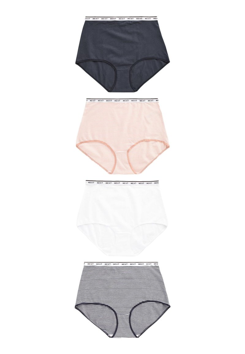 Set di biancheria intima a vita alta disponibile in quattro colori: blu scuro, rosa chiaro a righe, bianco e righe navy. Tessuto morbido con motivi a contrasto sulla cintura.