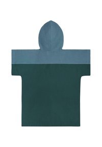 Kapuzentuch-Poncho in zwei Farbtönen: hellblauer strukturierter Oberteil, dunkelgrüner Körper. Geräumiger Schnitt, weicher Stoff und Augenmerk auf die Stiche.