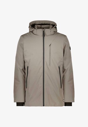 Lichtgrijze geïsoleerde jas met een capuchon, uitgerust met ritszakken, zwarte accenten, een diagonale voornaad en ribbels aan de mouwen.