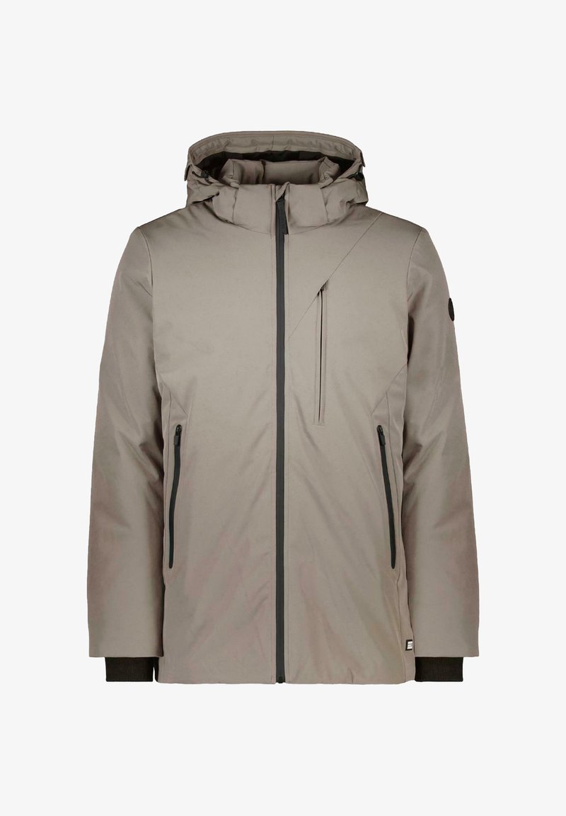 Lichtgrijze geïsoleerde jas met een capuchon, uitgerust met ritszakken, zwarte accenten, een diagonale voornaad en ribbels aan de mouwen.