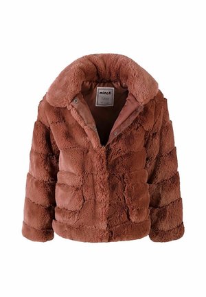Veste matelassée en fausse fourrure marron avec un large col, fermeture à boutons-pression et étiquette de marque visible à l’intérieur du col.