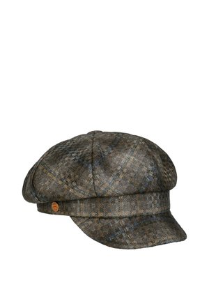 Brown and gray plaid flat cap with a small round metal logo on the side, featuring a short brim.