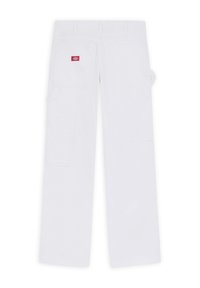 Pantalones cargo blancos de algodón. Presentan múltiples bolsillos, diseño de pierna recta, lazos para cinturón y un pequeño parche con la marca en la parte trasera.