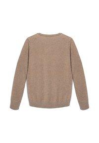 Maglione lungo a maniche con scollo rotondo di colore marrone, con polsini e orlo a costine, mostrato piatto sul retro su uno sfondo bianco.