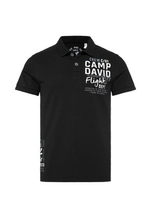 Black polo shirt made of cotton, featuring a two-button placket, short sleeves, and graphic text in white on the front and side.