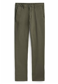 Chinos verde oliva realizzati in cotone leggero, caratterizzati da un design a gamba dritta, tasche laterali e chiusura con bottone in vita.