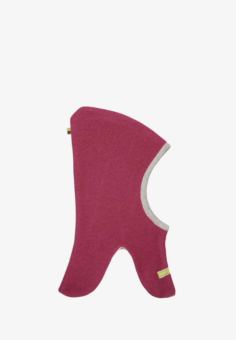 Balaclava in felt color bordeaux con un'apertura bordata di grigio, caratterizzata da una forma inferiore unica per il comfort e un'etichetta verde attaccata.