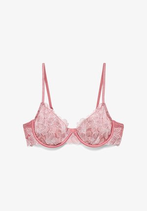 Reggiseno rosa con ferretto in pizzo, ricamato con motivi floreali e spalline regolabili su sfondo bianco.