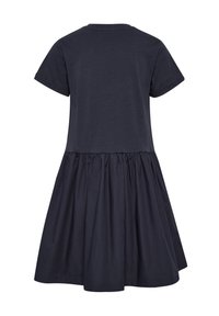Kurzärmliges navyblaues Kleid mit gerafftem Rock und klassischem Rundhalsausschnitt, aus weichem Baumwollstoff für hohen Komfort.