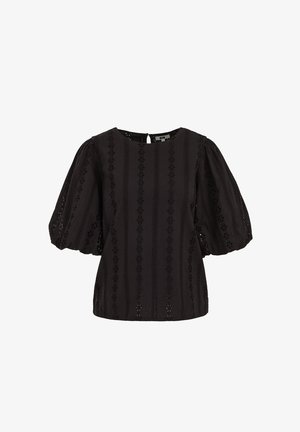 Schwarze Bluse mit gepufften Dreiviertelärmeln, vertikaler floraler Lochstickerei, rundem Ausschnitt und Rücken mit Schlüsselloch-Knopfleiste.